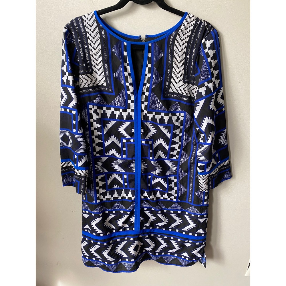 Vince Camuto Blue Black White Geometric Tribal Print Keyhole Shift Dress Size 12